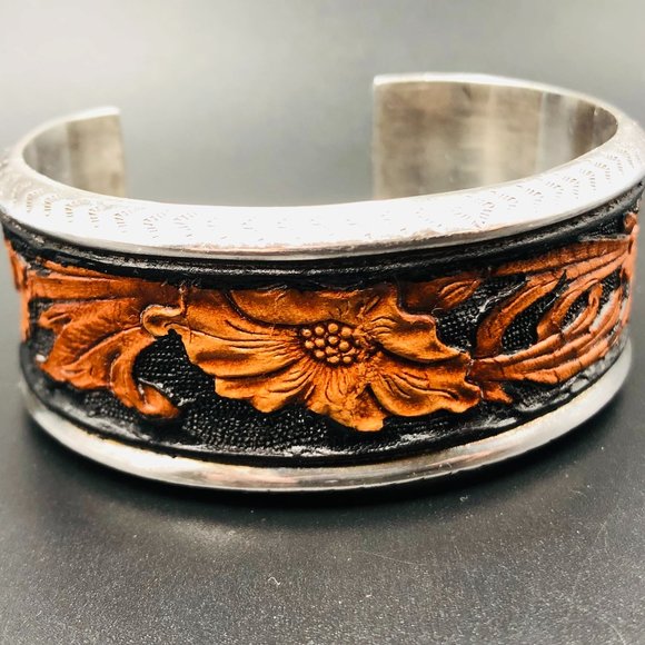 Vtg Peyote Bird Designer Tooled Leather Cuff Bracelet, Sterling Silver, 40.4 Gm - Picture 1 of 15